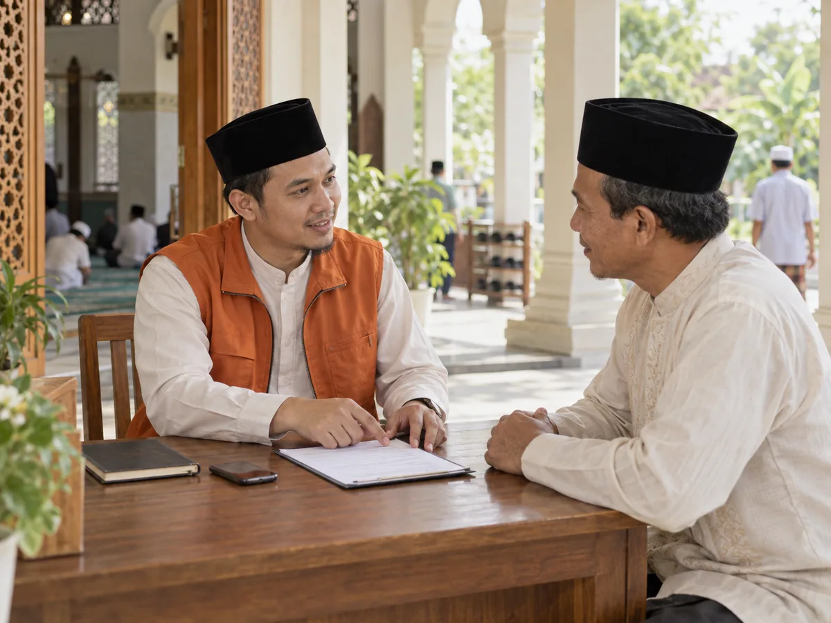 Ilustrasi amil melayani jamaah yang menunaikan zakat di meja layanan masjid
