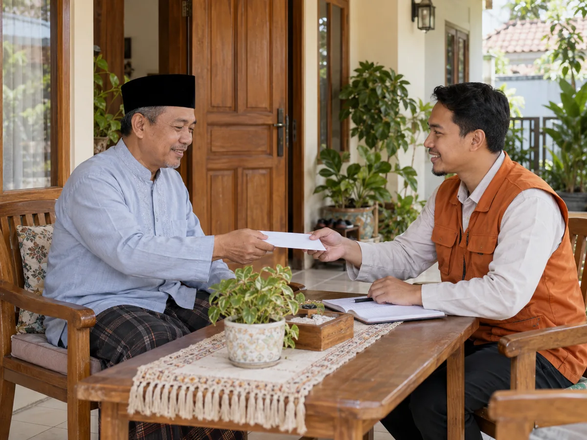 Ilustrasi amil menerima zakat dari jamaah di teras rumahnya
