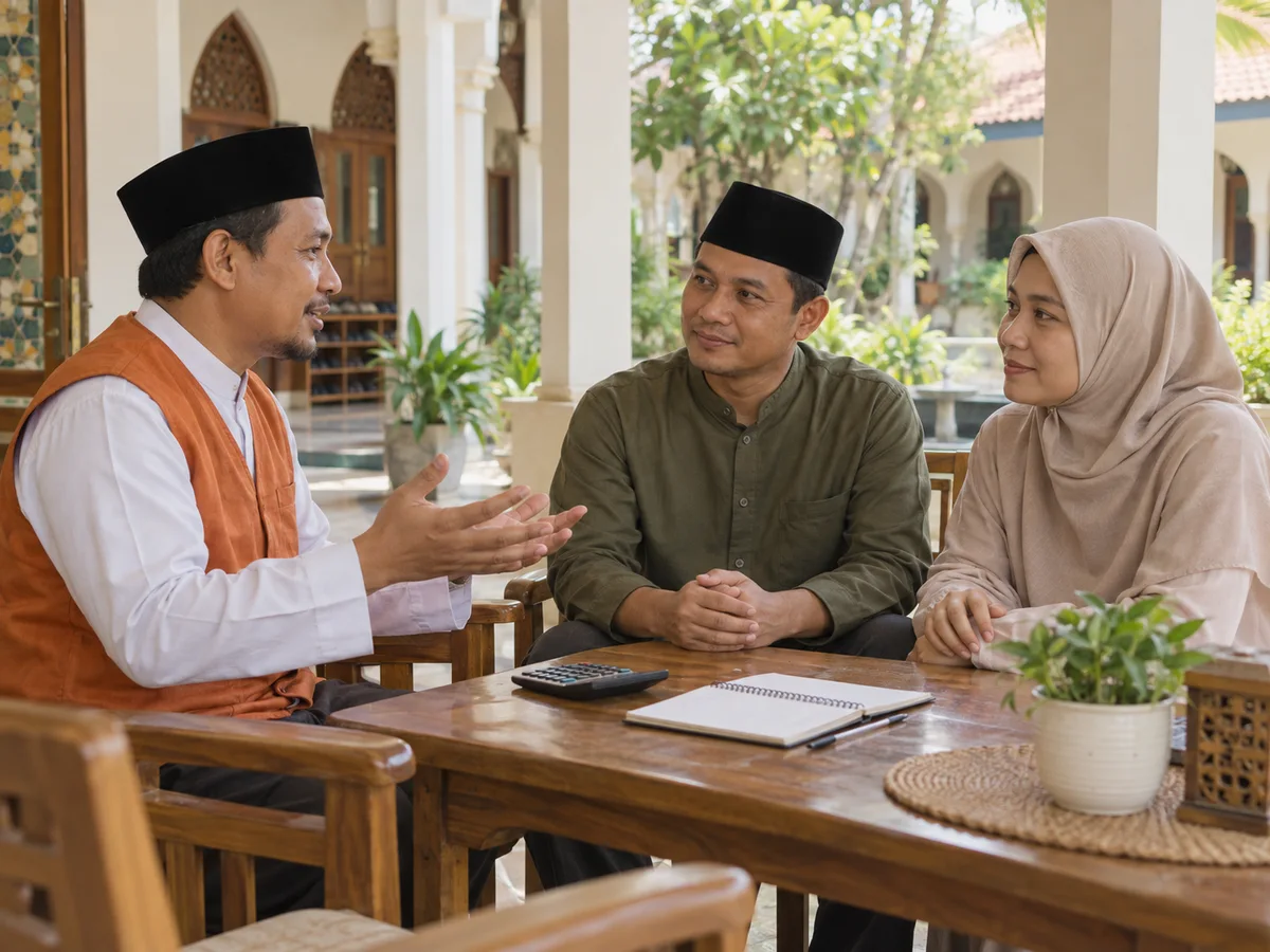 Ilustrasi amil berbincang dengan jamaah tentang zakat di serambi masjid