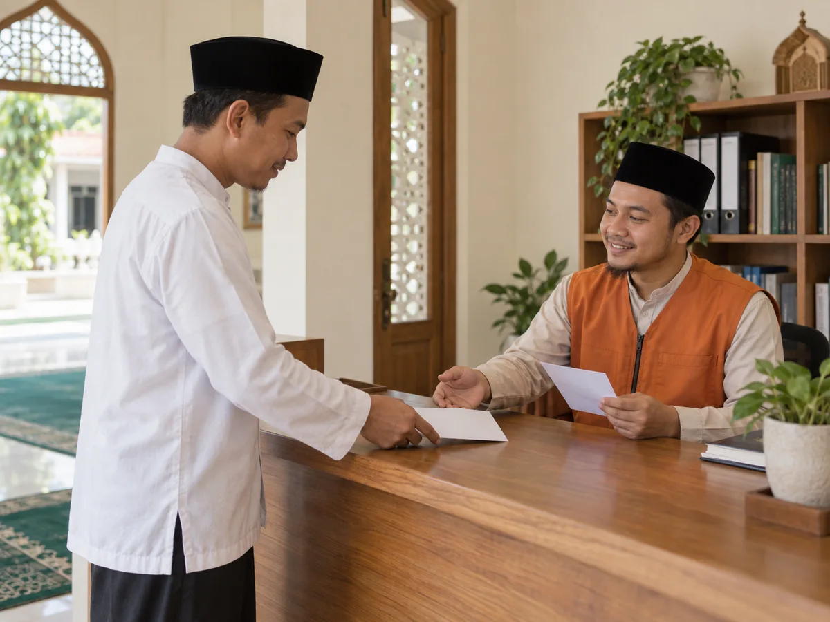 Ilustrasi jamaah menyerahkan zakat kepada amil di loket kantor layanan masjid